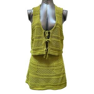 Free People Beach Mairead Fauxchet Crochet Skirt Vest Set Green Women's Medium